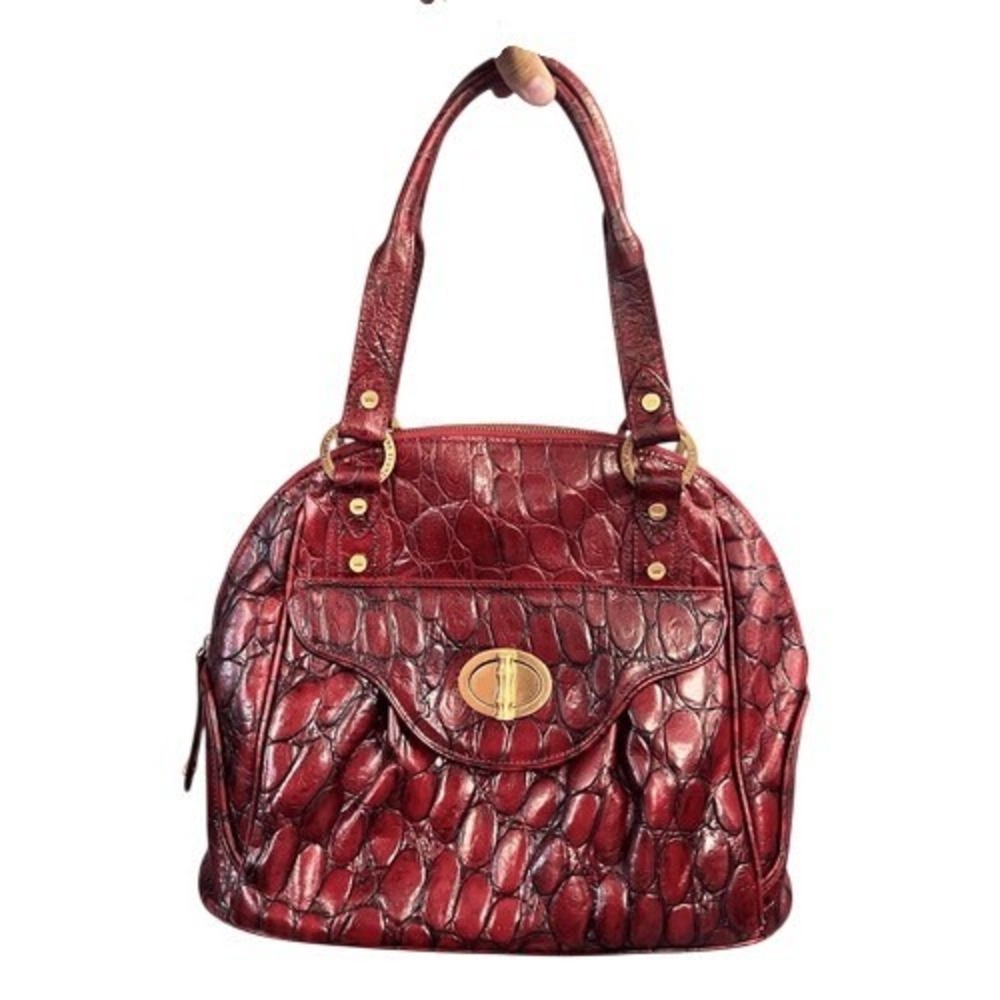 Elaine Turner Red Crocodile Embossed Leather Satchel Handbag Gold Hardware‎